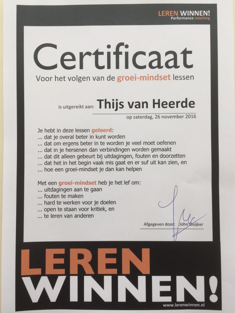 Certificaat groei-mindset Thijs LEREN WNNNEN!